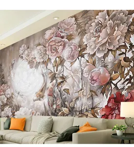 Papier peint mural vintage floral de luxe avec carpes koï et lune pour salon chic