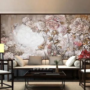 Sticker Mural Rétro Européen Pivoine Poisson Koi Libellule Grande Murale PVC Auto-Adhésive pour Décoration de Salon