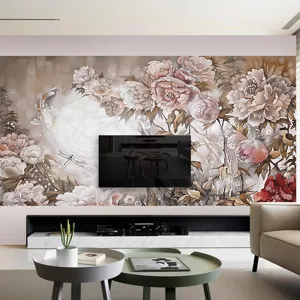Papier peint mural floral vintage de style européen pour fond de téléviseur et salon de luxe