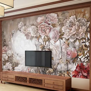 Papier peint mural floral rétro avec pivoines élégantes pour fond de télé de salon de luxe