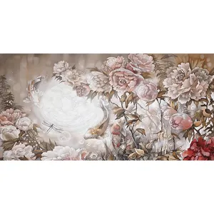 Papier peint mural vintage avec pivoines et carpes koï pour mur de fond de salon