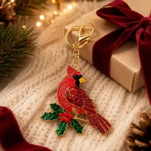 Portachiavi cardinale rosso di Natale con strass scintillanti e ciondolo di agrifoglio.
