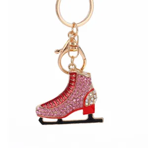 Metal rhinestone ice skate keychain, elegant pink crystal skating bag charm for keys gift.