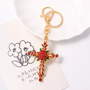 Retro Rose Cross Rhinestone Keychain Alloy Enamel Flower Bag Pendant Elegant Key Ring Charm Women Jewelry Gift