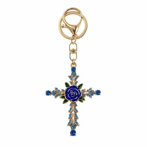 Vintage blue rhinestone rose cross keychain, luxury enamel flower bag charm, stylish keyring.