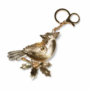 Portachiavi uccello dorato vintage con foglie di agrifoglio ciondolo borsa regalo di Natale