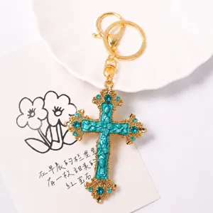 Mooie Vintage Strass Kruis Sleutelhanger Legering Geemailleerd Hanger Tas Charm Sleutelring