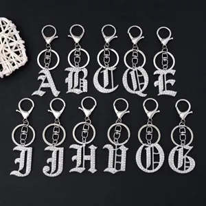 Gothic Style Rhinestone Letter Keychain Silver Zinc Alloy Alphabet Key Ring Backpack Pendant Fashion Jewelry Gift