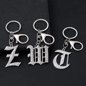 Rhinestone Gothic Letter Keychain Silver Metal Alphabet Bag Pendant Key Ring Accessory