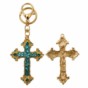 Gedetailleerd overzicht van blauwe emaille strass kruis sleutelhanger met achterkant.