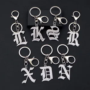 Silver rhinestone initial letter keychain gothic style metal keyring accessory bag charm