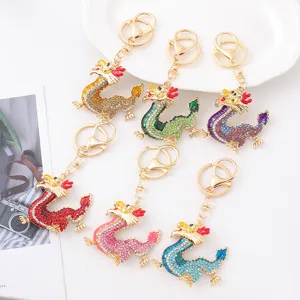 Chinese Style Zodiac Dragon Keychain Metal Rhinestone Key Chain Cute Animal Bag Pendant Fashion Jewelry Accessory Gift