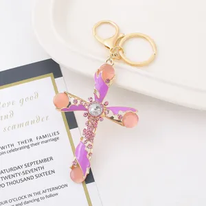 Portachiavi a croce metallo strass ciondolo borsa rosa accessori carini per donne regali