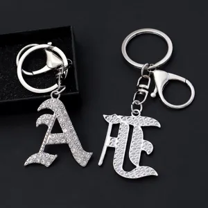 Silver rhinestone gothic letter keychain metal keyring stylish backpack bag charm pendant.