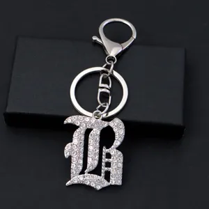 Silver rhinestone gothic letter B keychain metal pendant accessory for backpack bags keys