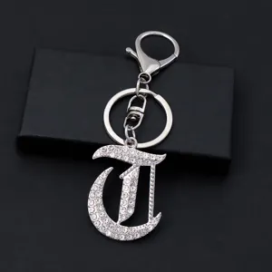 Silver rhinestone gothic letter keychain metal crystal alphabet keyring backpack charm pendant gift