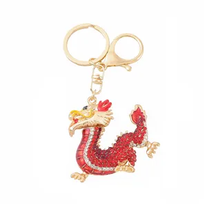 Chinese style zodiac dragon keychain metal rhinestone pendant bag charm key ring accessory gift