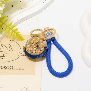 Chinese style cornucopia keychain metal rhinestone lucky blue leather rope key ring charm gift