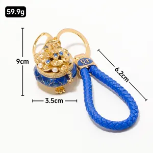 Chinese style cornucopia keychain metal rhinestone lucky leather strap blue accessory