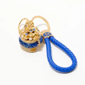 Chinese style cornucopia keychain metal rhinestone blue leather strap detail accessory