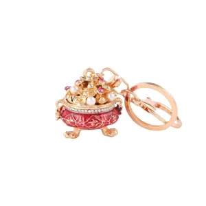 Chinese style treasure bowl metal keychain with red enamel rhinestones and faux pearls charm gift.