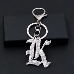 Silver metal gothic letter K rhinestone keychain pendant, stylish bag accessory gift.