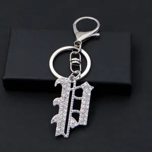 Silver rhinestone letter P keychain, sparkling crystal metal initial keyring for bag and keys.