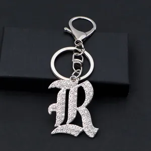 Silver Rhinestone Gothic Letter Keychain Metal Bag Pendant Birthday Gift Key Ring