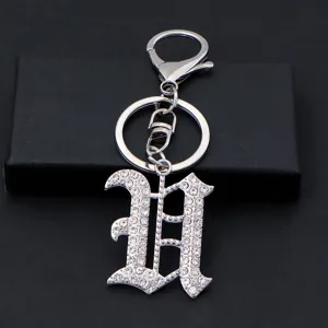 Rhinestone gothic letter metal keychain silver bag pendant birthday gift key ring accessory