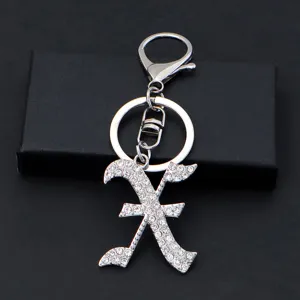 Silver rhinestone gothic letter keychain, metal keyring and bag pendant gift accessory