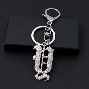 Rhinestone gothic letter keychain metal silver bag charm keyring birthday gift accessories
