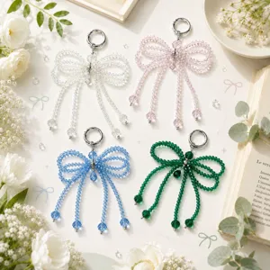 Crystal Bow Keychain Cute Rhinestone Beaded Bag Pendant Car Key Ring Phone Chain Fashion Jewelry Gift for Women