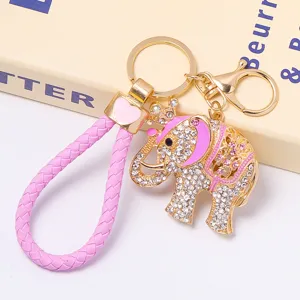 Porte-clés Éléphant Couronne Strass Mignon Rose Tressé Sac Pendentif Anneau De Clés