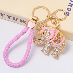 Porte-clés éléphant couronne en strass avec lanière tressée rose mignon pendentif de voiture
