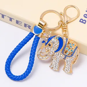 Porte-clés éléphant couronne en cristal avec lanière tressée bleue, pendentif de sac.