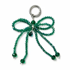 Green crystal bow keychain bag charm sparkling beaded phone strap cute accessories gift