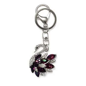 Rhinestone swan keychain sparkling crystal bag pendant silver metal keyring accessory.