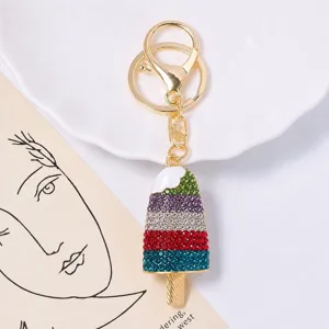 Porte-clés crème glacée en strass avec finition dorée, cristaux colorés brillants pour sacs.