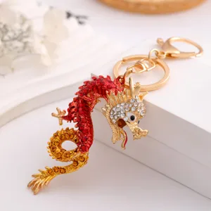 Chinese style zodiac dragon rhinestone metal keychain for car key ring bag pendant charm gift.