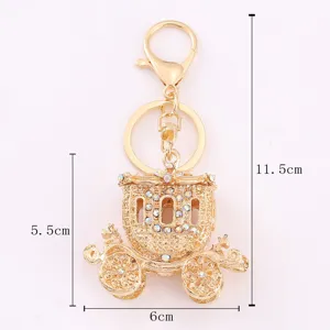Gold alloy rhinestone pumpkin carriage keychain cute sparkling crystal car keyring gift.
