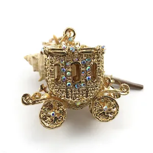 Golden alloy rhinestone carriage keychain, sparkling crystal pumpkin car pendant for bags and keys.