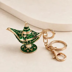 Vintage Aladin lampe magique porte-clés vert or alliage de zinc pendentif de sac à main