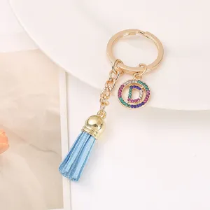 Elegant rhinestone keychain with blue tassel golden alloy ring chic bag charm accessory
