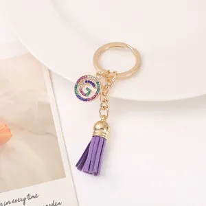 Korean style rhinestone letter G keychain with purple tassel cute bag charm metal ring gift.