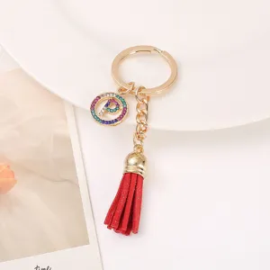 Korean style letter P rhinestone tassel keychain cute bag pendant keyring gift accessory.
