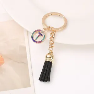 Fashion rhinestone letter tassel keychain cute metal keyring bag charm gift for women