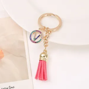 Gold-tone keychain with colorful rhinestone round charm and pink tassel for bags and keys.