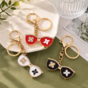 Fashion Alloy Rhinestone Sunglasses Keychain Clover Bag Pendant Metal Key Ring Accessories Jewelry Gift