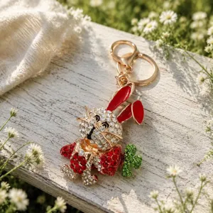 Süßer Strass Kristall Hase Schlüsselanhänger mit Karotten Anhänger Zinklegierung Taschenschmuck.