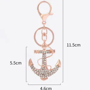 Llavero de ancla con diamantes de imitación de oro rosa, elegante colgante de metal para bolsos.